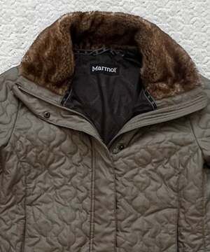 Marmot Quilted Jacket Winter Coat Womens M Black Puffy Faux Fur Collar Insulated